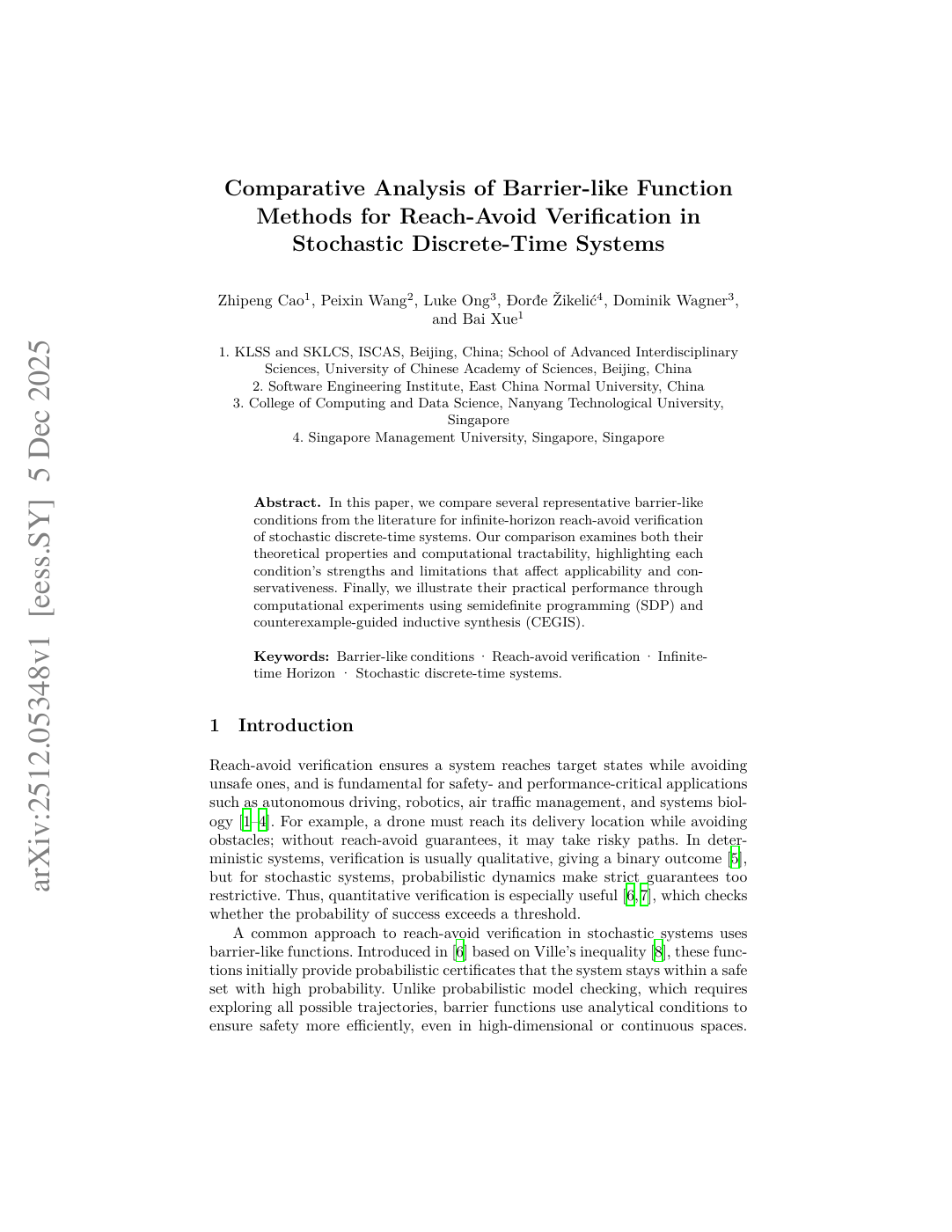 First page of the paper Comparative Analysis of Barrier-like Function Methods for Reach-Avoid Verification in Stochastic Discrete-Time Systems